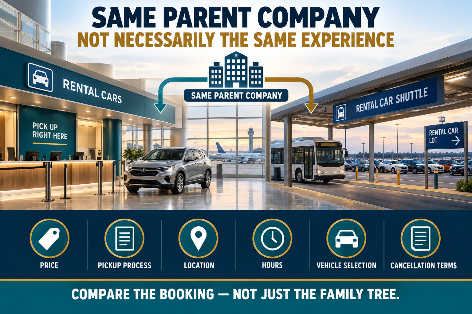 Two rental-car pickup options under the same parent company—an airport counter and a shuttle-served lot—with reminders to compare price, pickup process, location, hours, vehicle selection and cancellation terms.