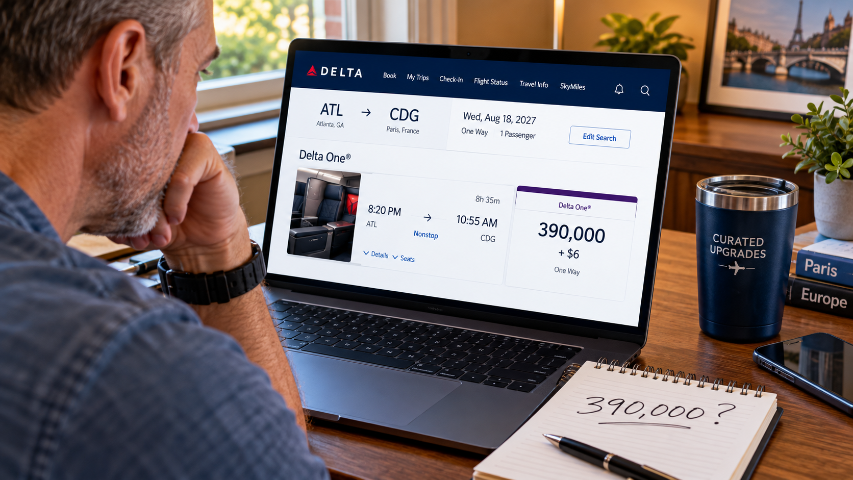 Traveler at home comparing a Delta One award from Atlanta to Paris priced at 390,000 SkyMiles, illustrating the debate over Delta’s “SkyPesos” nickname.