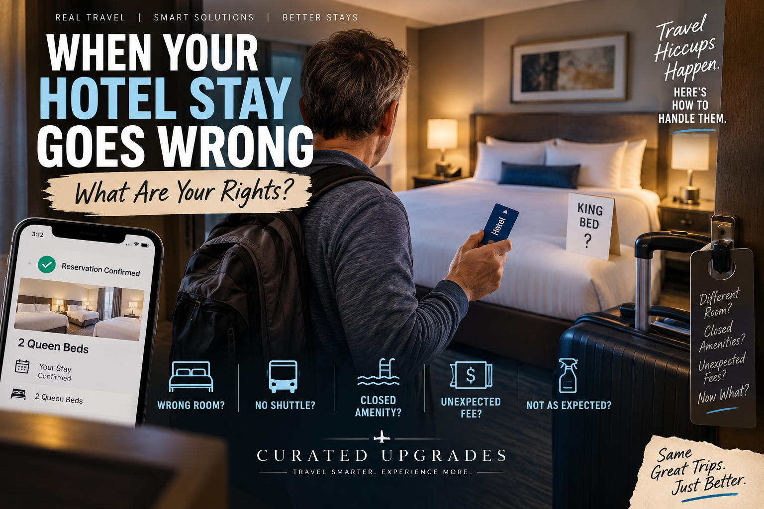 Traveler arriving at a hotel room and discovering a king bed despite a confirmed reservation for two queen beds, with icons representing common hotel problems including unavailable shuttles, closed amenities and unexpected fees.