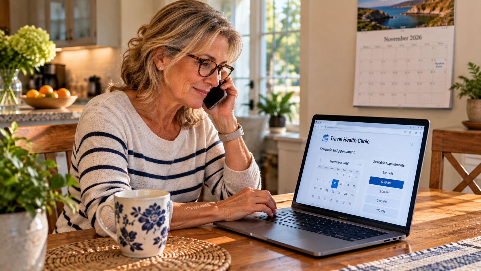 A woman schedules a travel health appointment from her kitchen table several weeks before an international trip.