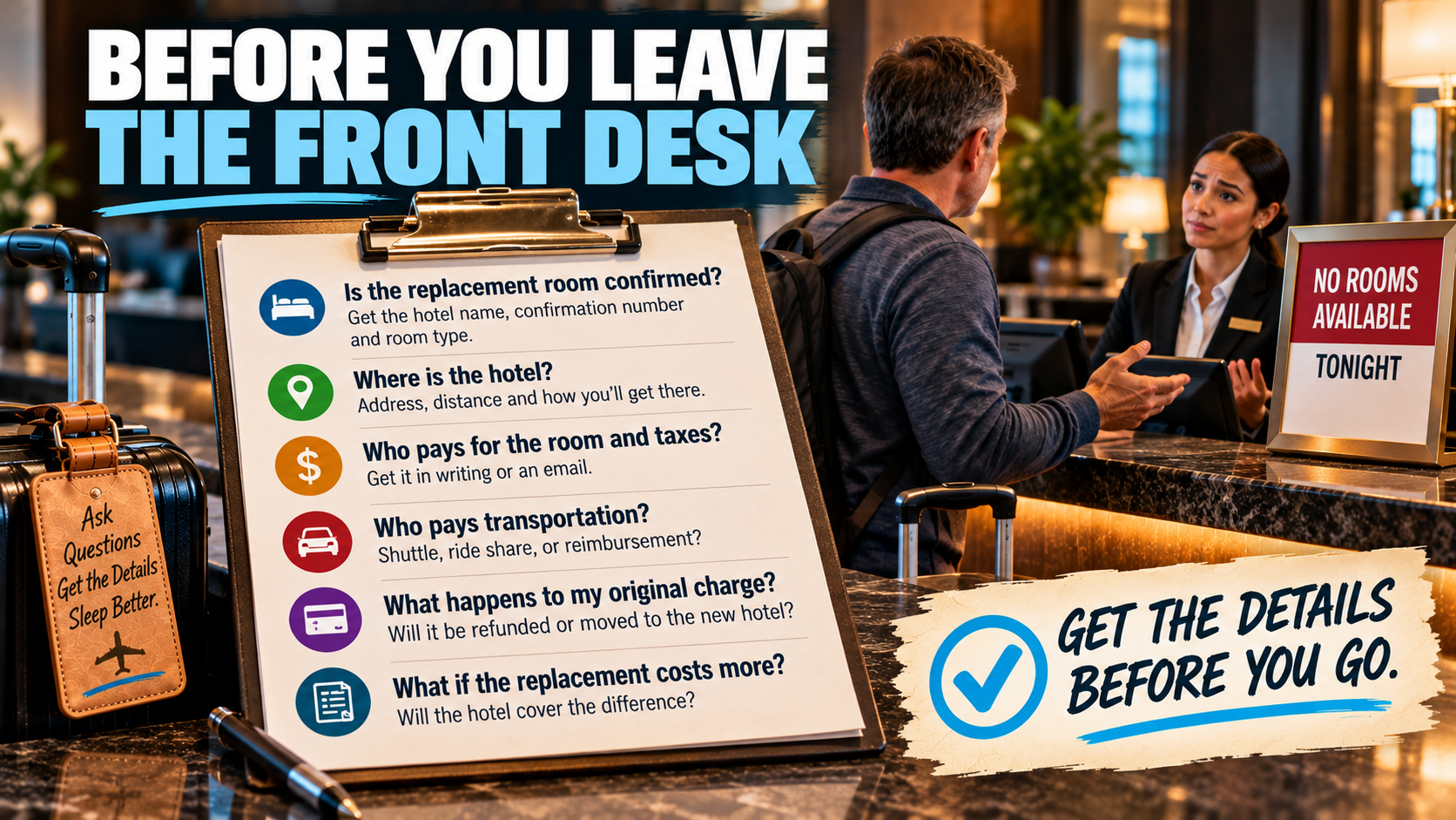 Hotel overbooking checklist asking travelers to confirm the replacement room, hotel location, payment for the room and taxes, transportation, original charge and any price difference before leaving an overbooked hotel.