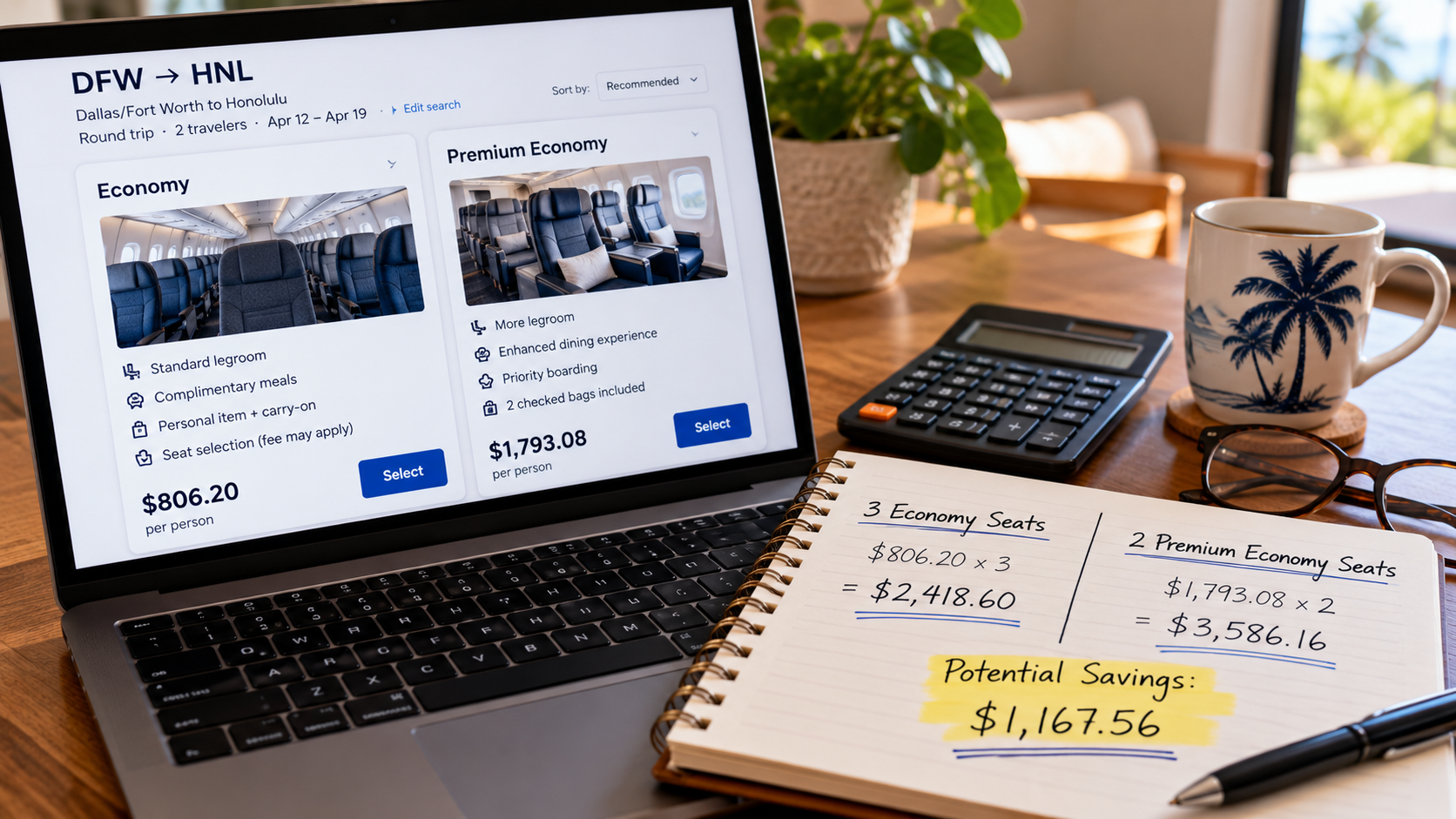 Travel-planning desk with airline fares, a notebook, and calculator comparing the potential cost of three Economy seats with two Premium Economy tickets.