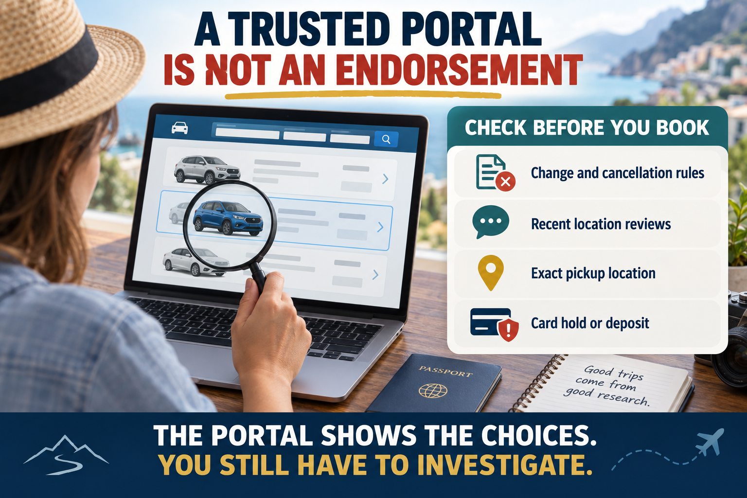 Traveler researches a rental car beyond a booking portal, using a checklist for cancellation rules, recent location reviews, exact pickup location and the required card hold or deposit.