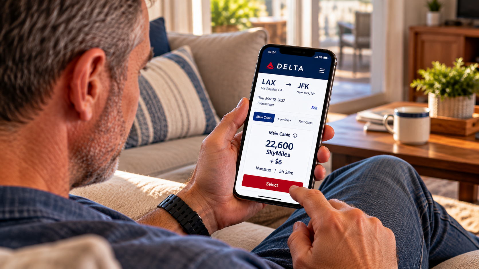 Traveler at home viewing a Delta nonstop Main Cabin award from Los Angeles to New York for 22,600 SkyMiles plus $6.