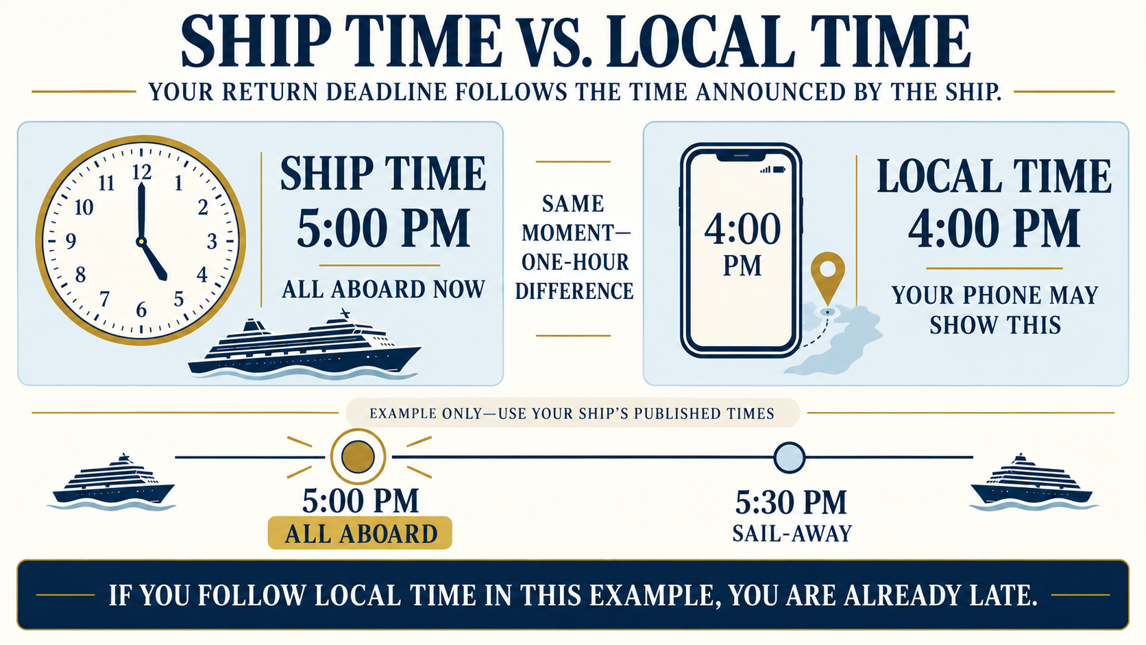 Cruise port-day infographic showing the same moment as 5:00 p.m. ship time and 4:00 p.m. local time, with all aboard scheduled for 5:00 p.m. ship time.