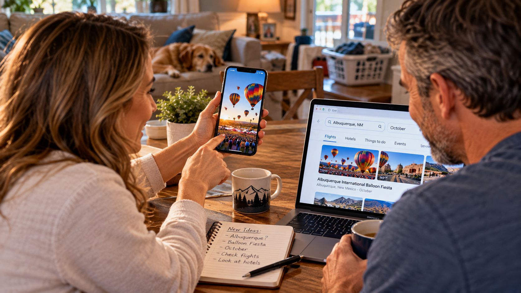 Couple discovering the Albuquerque Balloon Fiesta on a phone and researching a possible trip, illustrating how other travelers can inspire new experiences without creating pressure to imitate them.