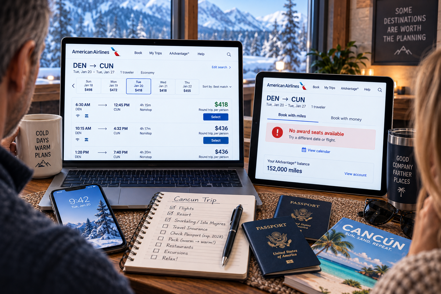 Couple in snowy Denver planning a trip to Cancun, comparing available cash flights with an award search showing no award seats despite having enough miles.