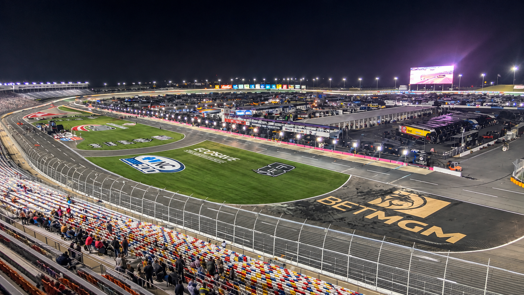 Charlotte Motor Speedway illuminated at night during our NASCAR race weekend.
