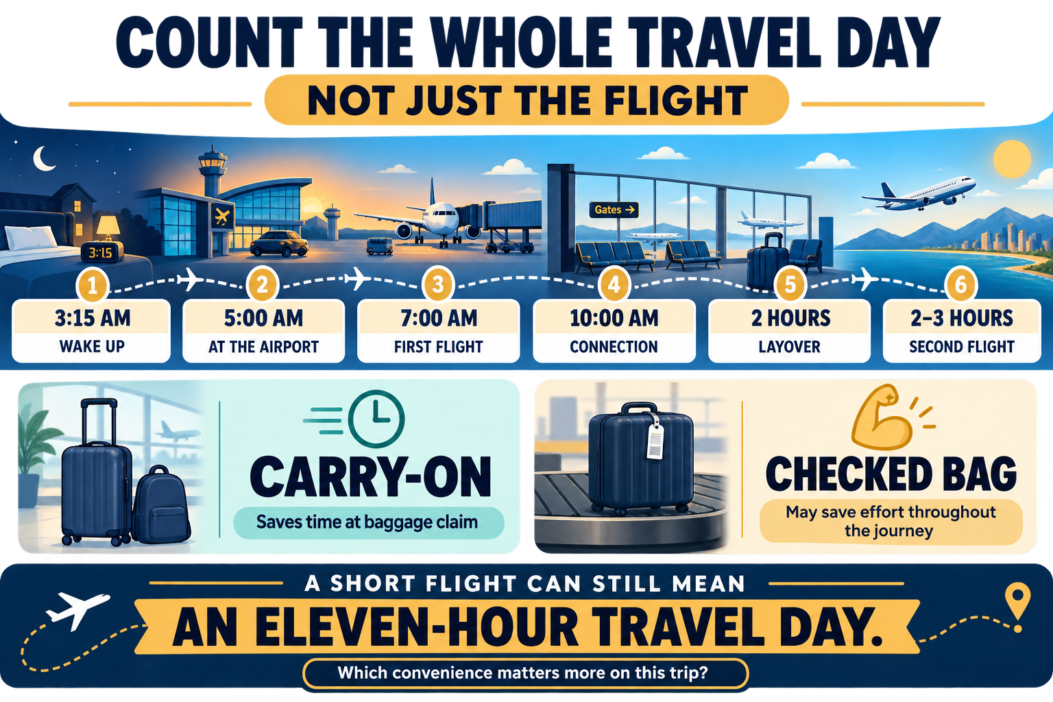 Airport travel timeline beginning with a 3:15 a.m. wake-up and continuing through airport arrival, two flights, a connection and a two-hour layover, illustrating how short flights can create an eleven-hour travel day.