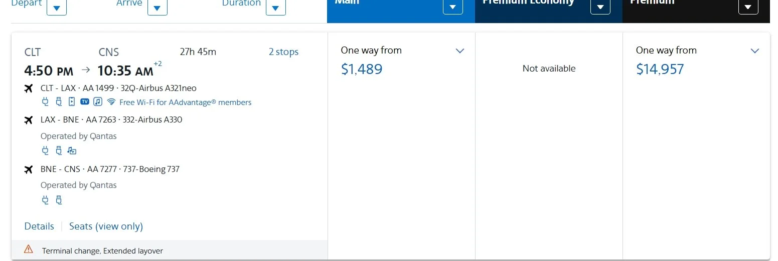 American Airlines search results showing the same Charlotte-to-Cairns itinerary priced at $1,489 cash and 40,000 miles plus $48.70.