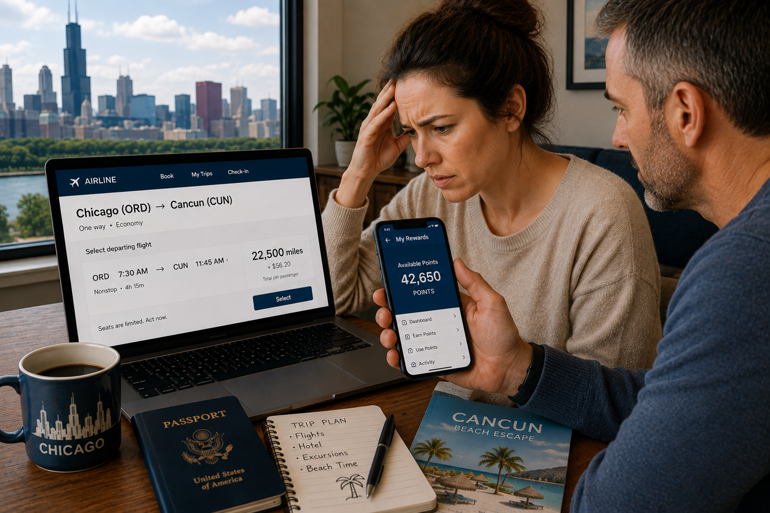 Couple in Chicago comparing a Cancun flight priced in airline miles with their credit card points balance while planning a trip.