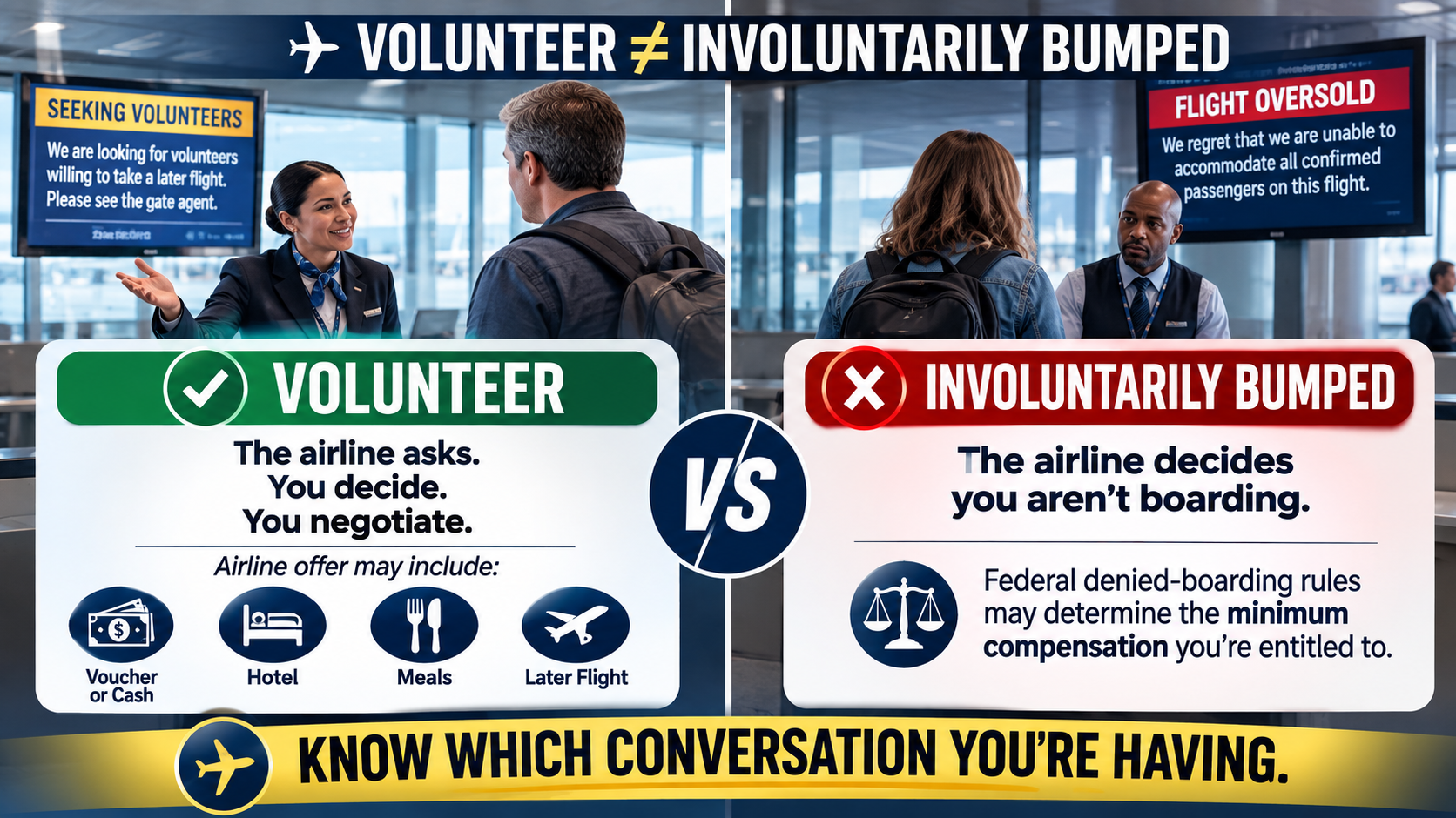 Comparison explaining the difference between voluntarily giving up an airline seat and being involuntarily denied boarding from an oversold flight.