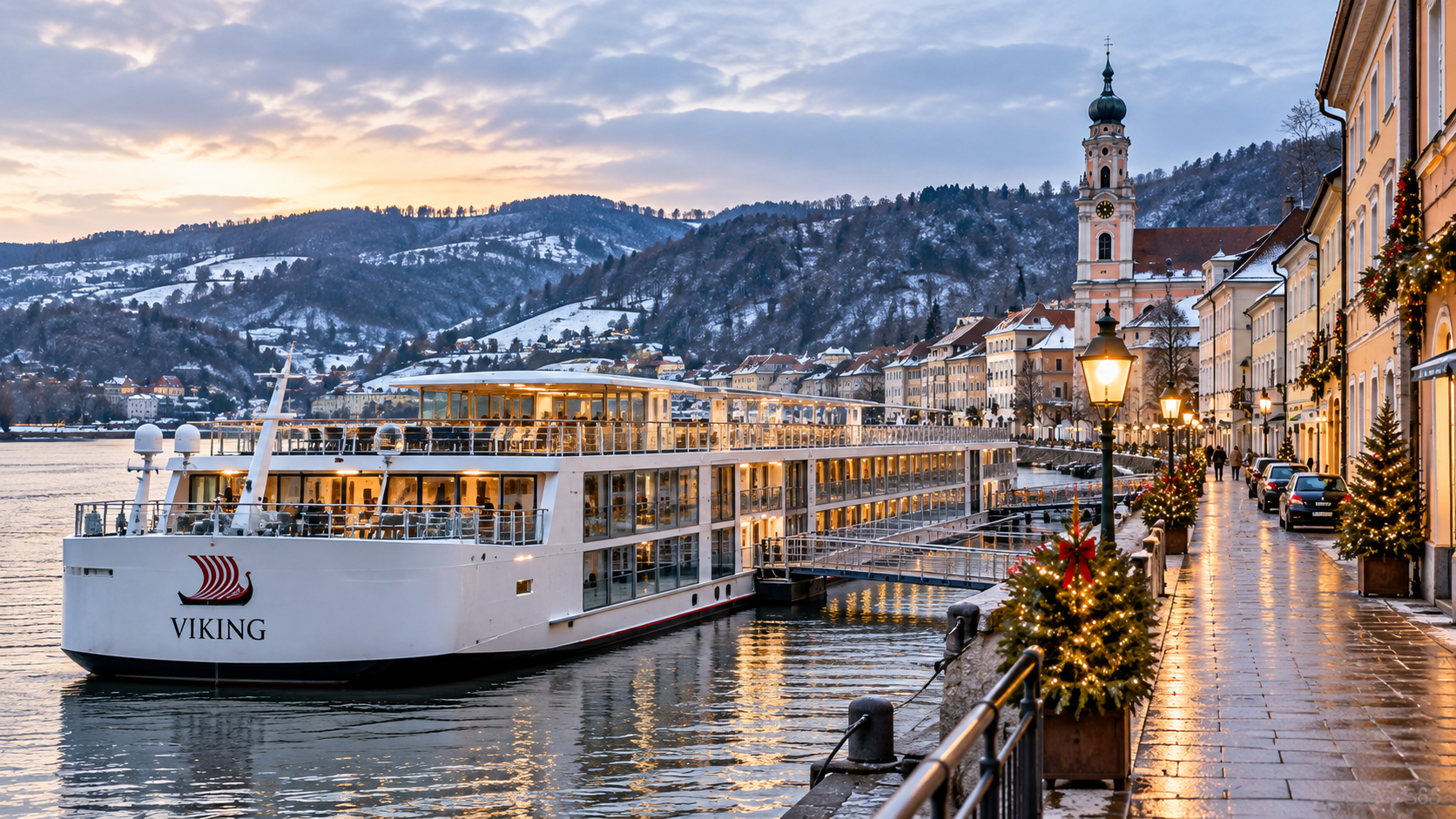 Viking-style river cruise ship docked beside a European town in winter, illustrating the proximity of river cruise passengers to roads, towns, and shore-based medical services.