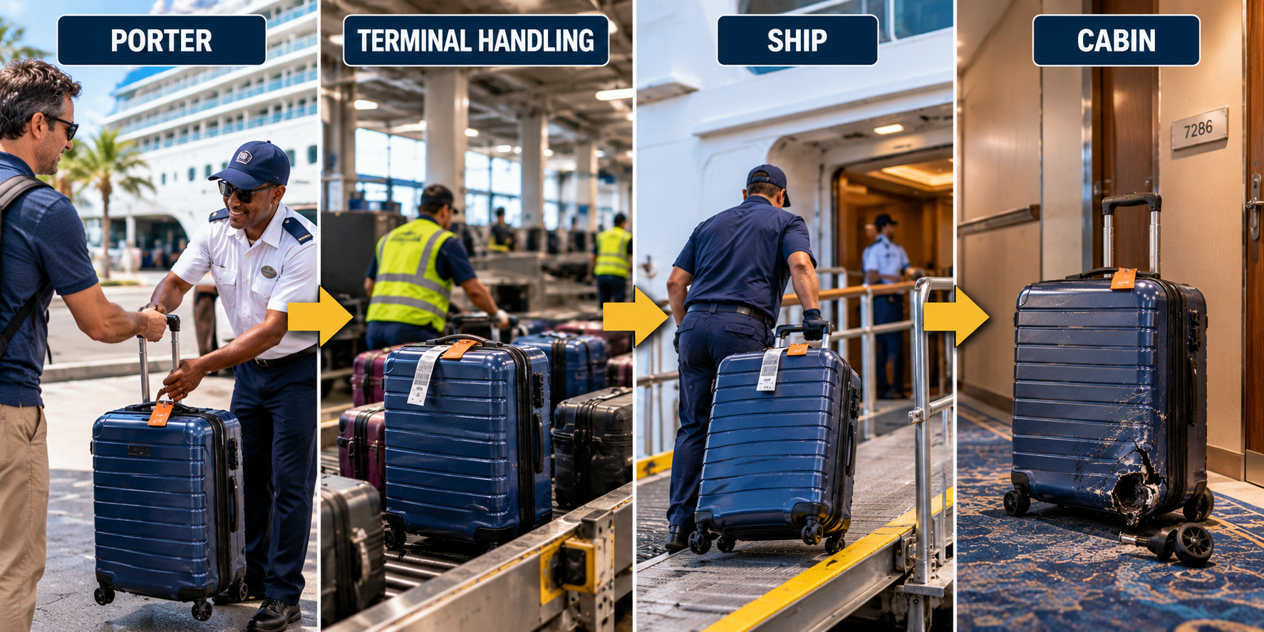 Suitcase passing from a cruise-terminal porter through terminal baggage handling and onto a cruise ship before arriving damaged outside a passenger cabin.