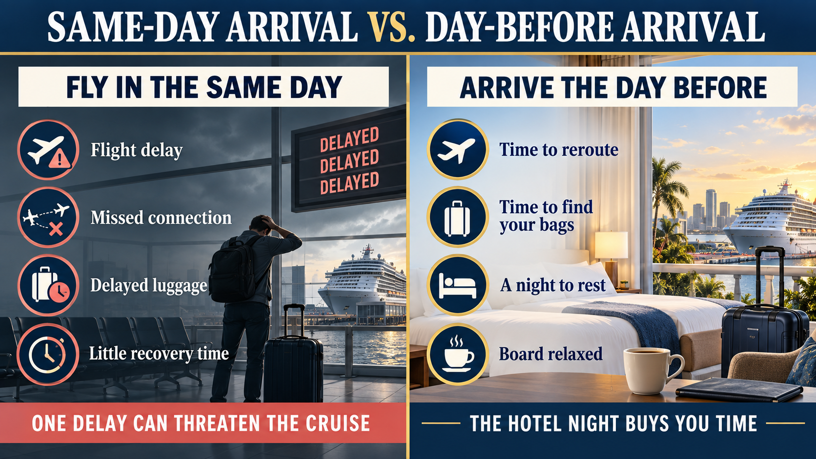 Cruise travel comparison showing how flight delays, missed connections and delayed luggage can threaten a same-day arrival, while arriving the day before provides time to reroute, locate bags and rest before boarding.