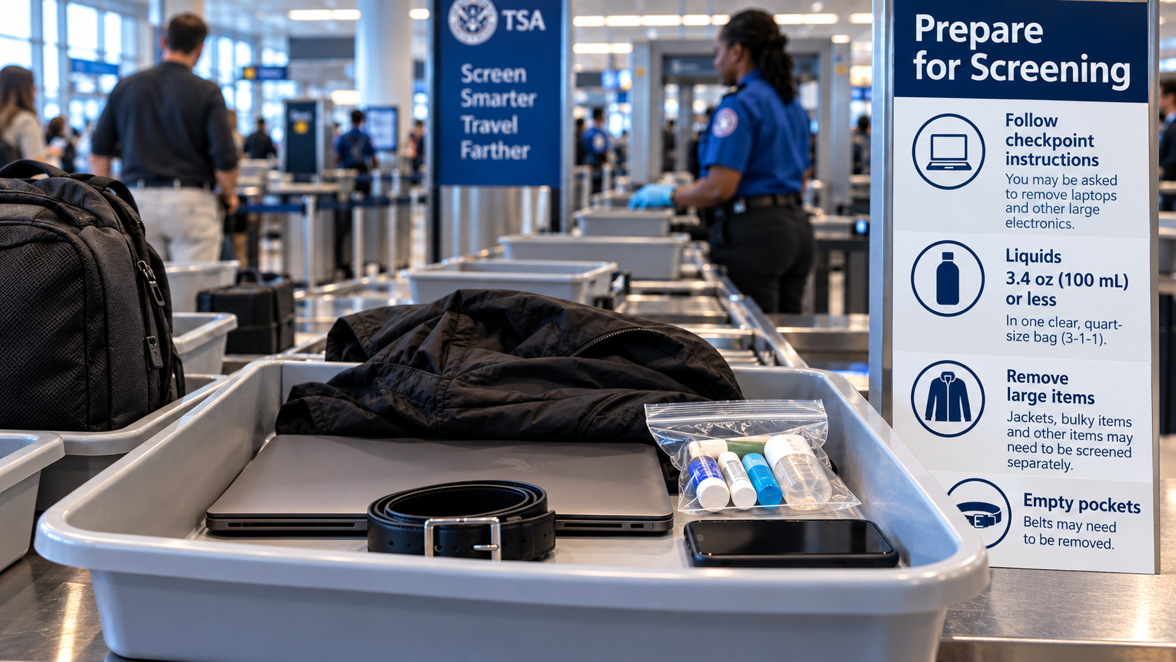 Airport security bin containing a laptop, belt, jacket, phone and liquids bag prepared for TSA screening.