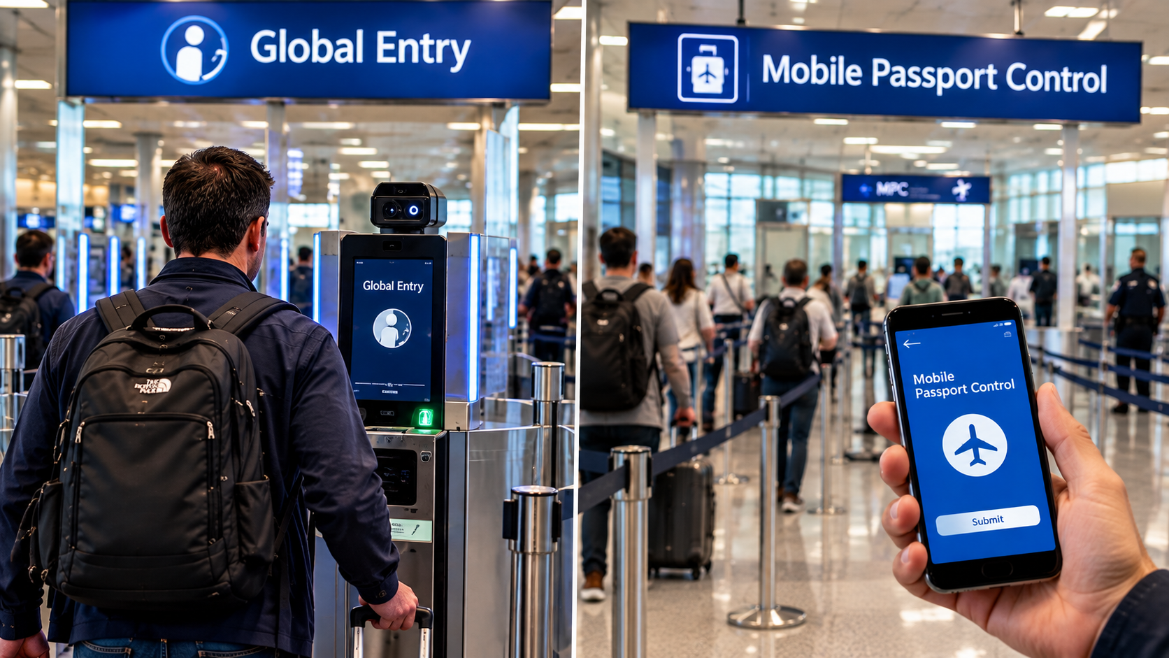 Global Entry facial-recognition processing beside a Mobile Passport Control lane at a U.S. international arrivals facility.