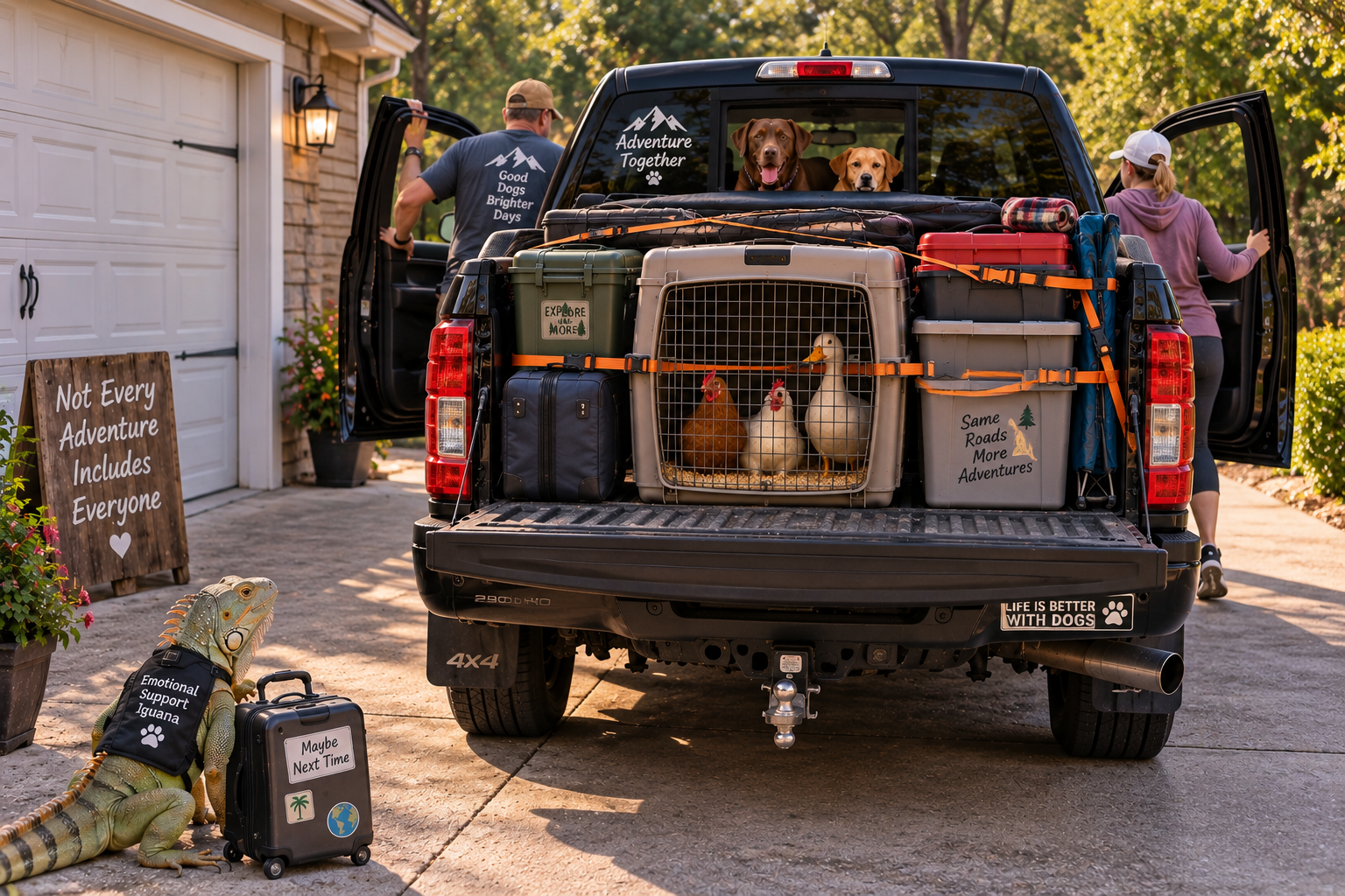 A couple preparing for a road trip with two dogs, two chickens and a duck while an iguana waits behind with a small suitcase.