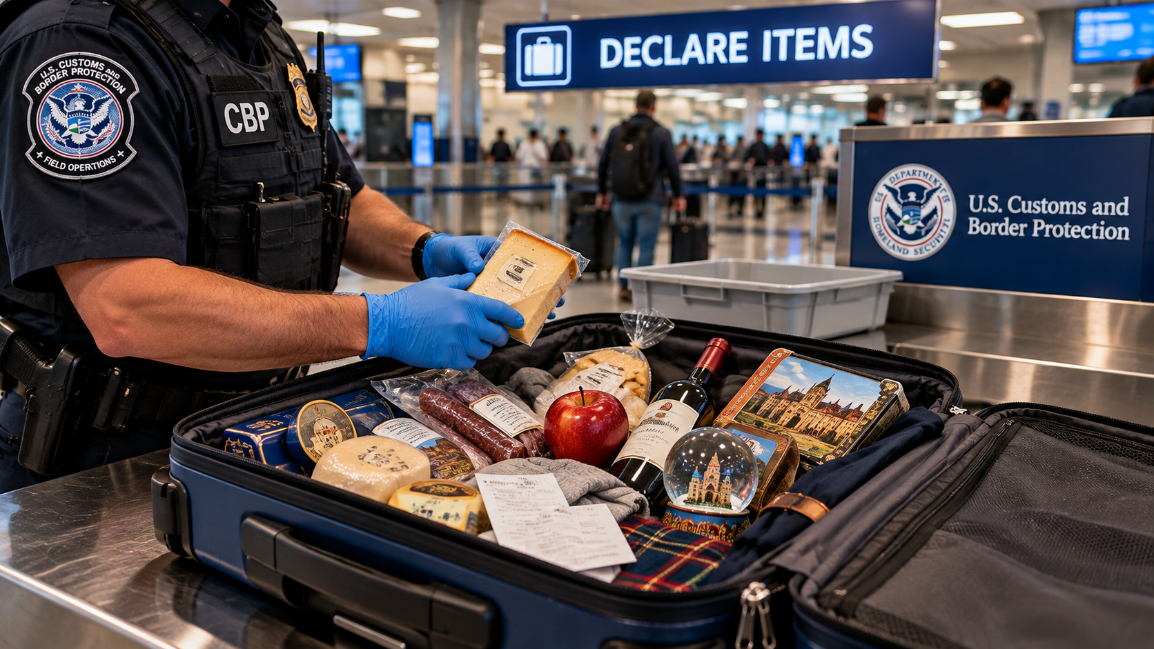 CBP officer inspecting food, purchases and a fresh apple inside a traveler's open suitcase.