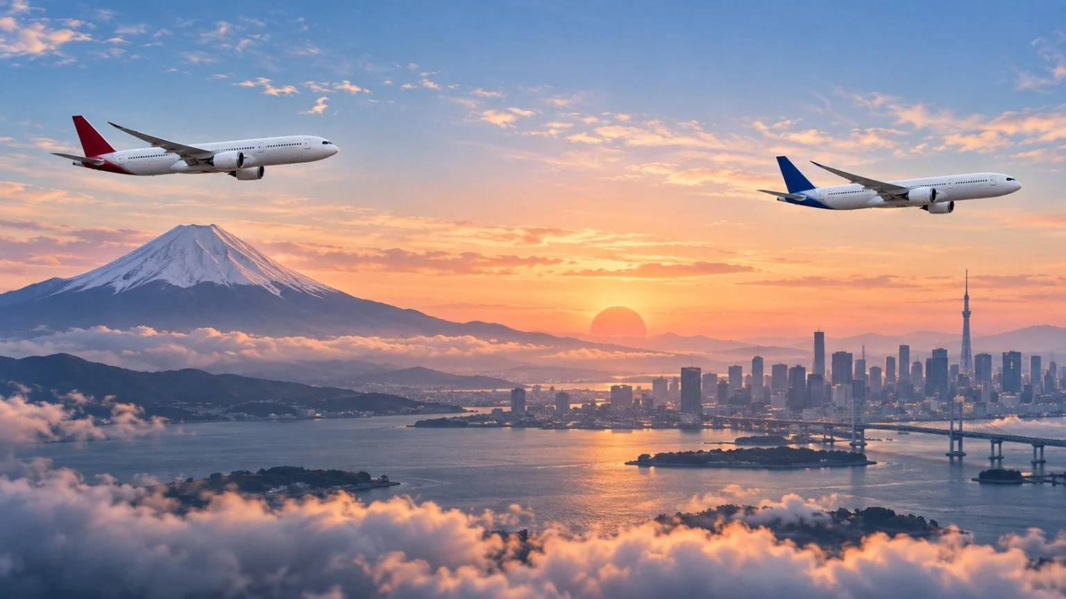 Japan Airlines and ANA aircraft flying over Japan with Mount Fuji and the Tokyo skyline.