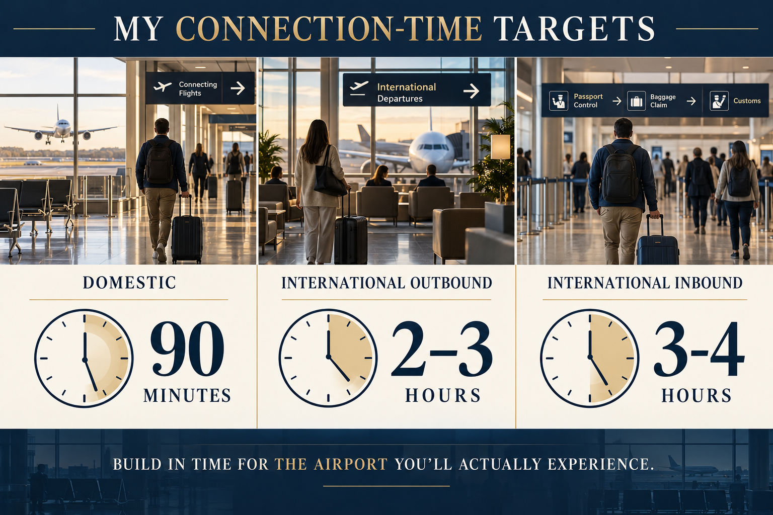 Connection-time guide showing a preferred 90-minute domestic layover, two-to-three-hour international outbound connection and three-to-four-hour international inbound connection.