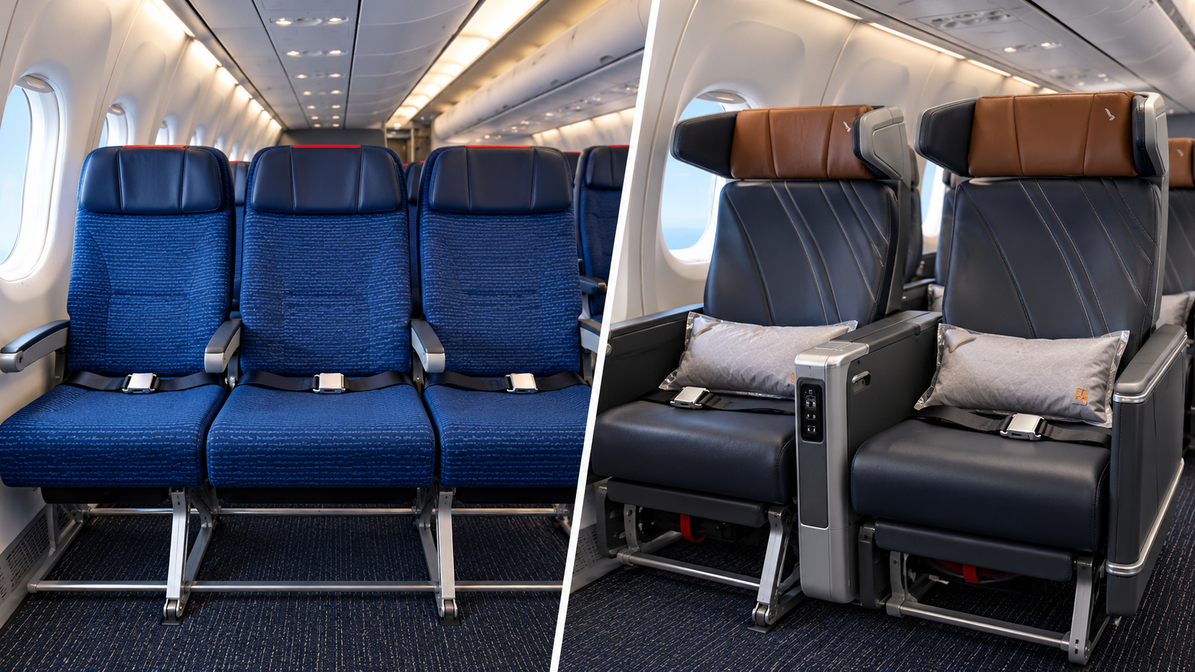 Side-by-side comparison of three blue Economy seats and two wider Premium Economy seats, illustrating the difference between shared seating width and individual comfort.