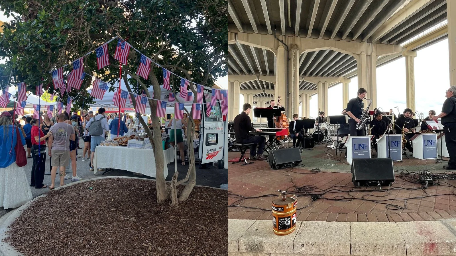 Shoppers exploring Jacksonville's Riverside Arts Market and musicians from a UNF jazz ensemble performing beneath the Fuller Warren Bridge.
