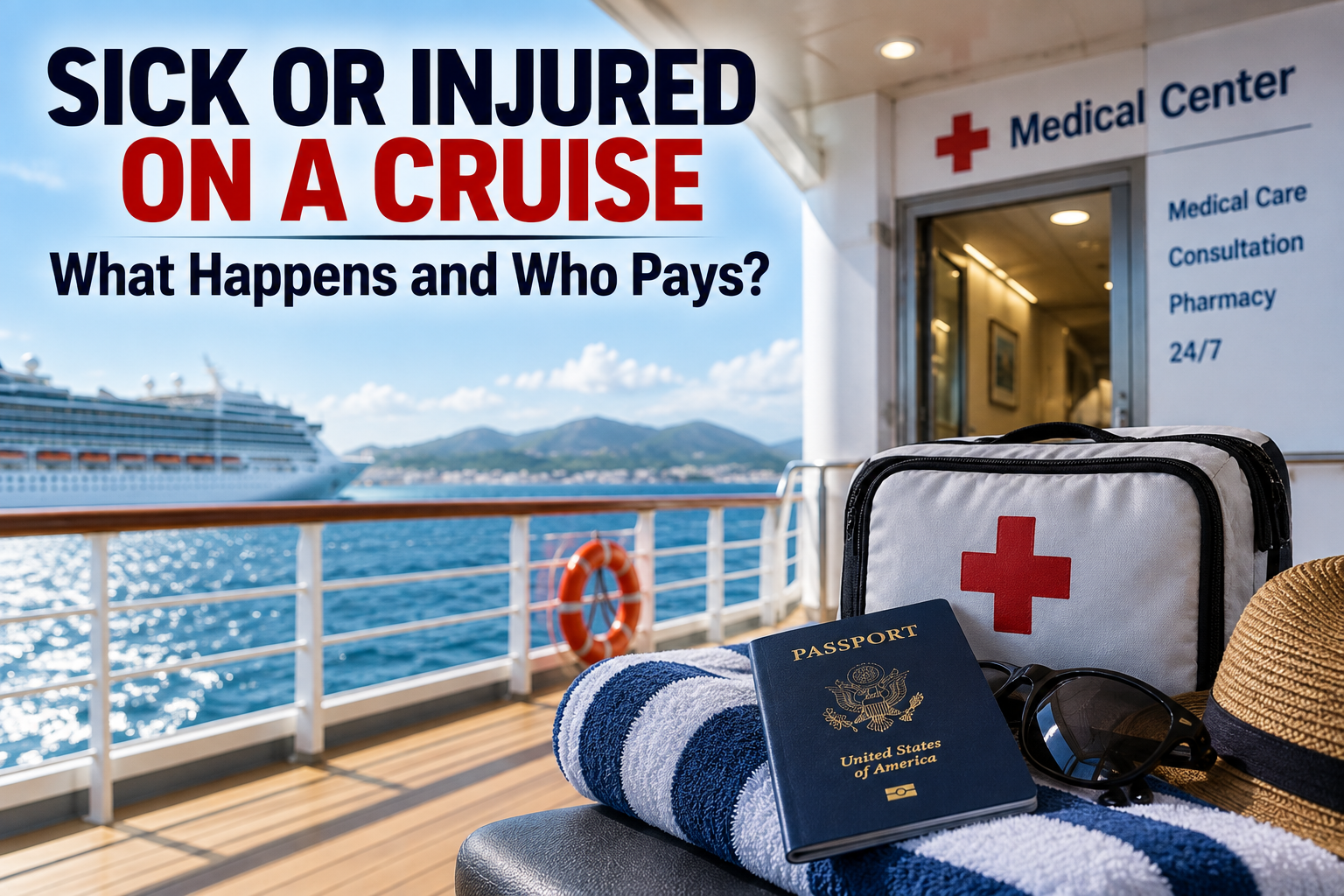 Cruise ship medical center with a first-aid bag and travel items beside the deck, with text reading Sick or Injured on a Cruise: What Happens and Who Pays?