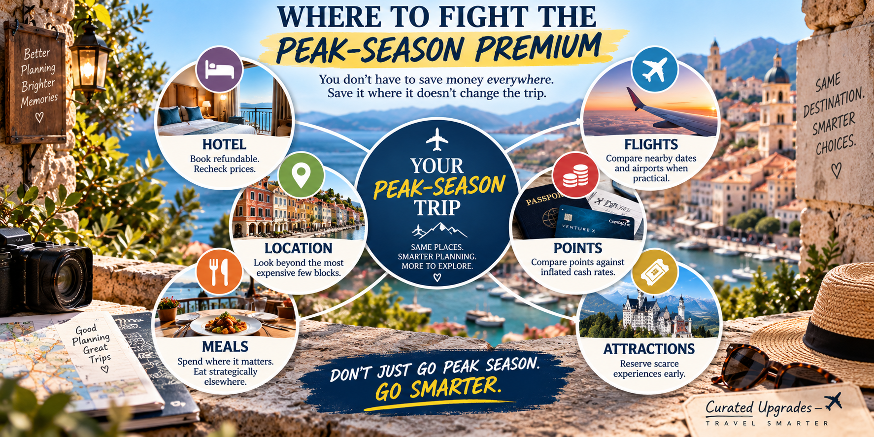 Peak-season travel infographic showing six areas to compare for savings: hotels, flights, location, points, meals and attractions.