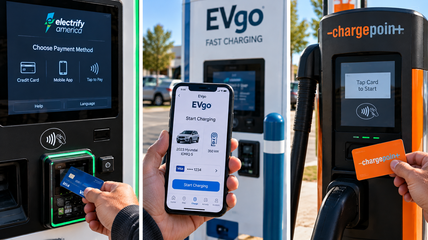 Three-panel comparison of public EV charging payment methods using a credit card, smartphone app, and RFID charging card.