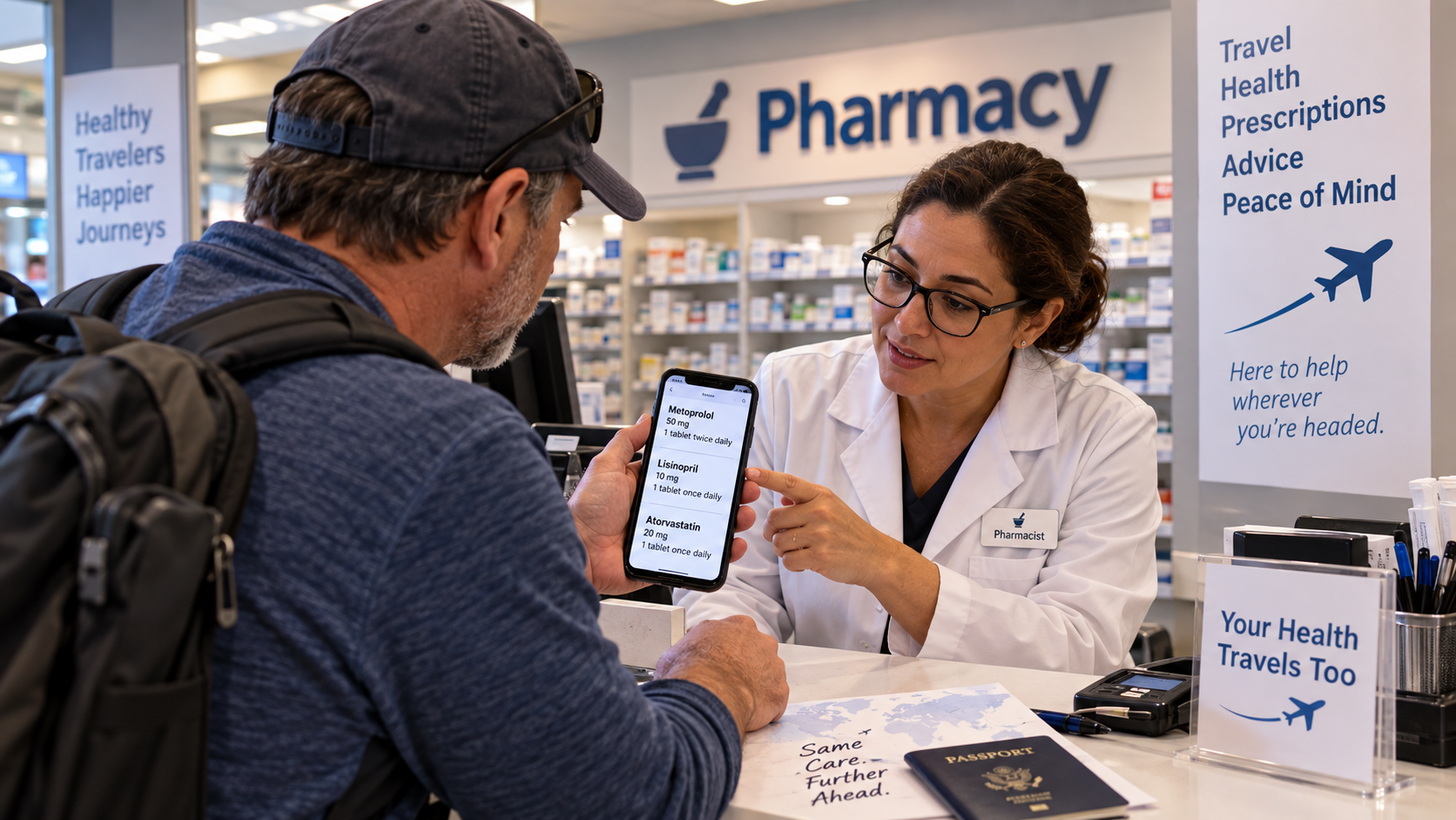 Traveler showing a pharmacist a smartphone list of prescription medications while trying to replace medicine away from home.