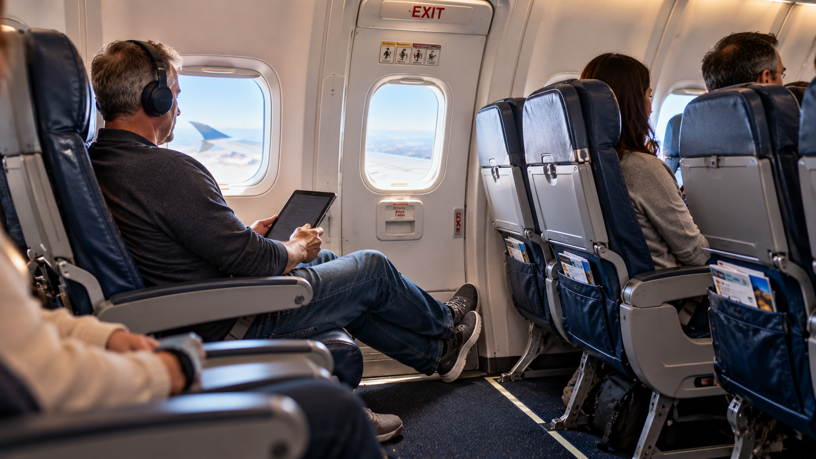 Traveler relaxing in an economy exit-row seat with additional legroom, showing how a modest seat upgrade can improve comfort without moving to a premium cabin.