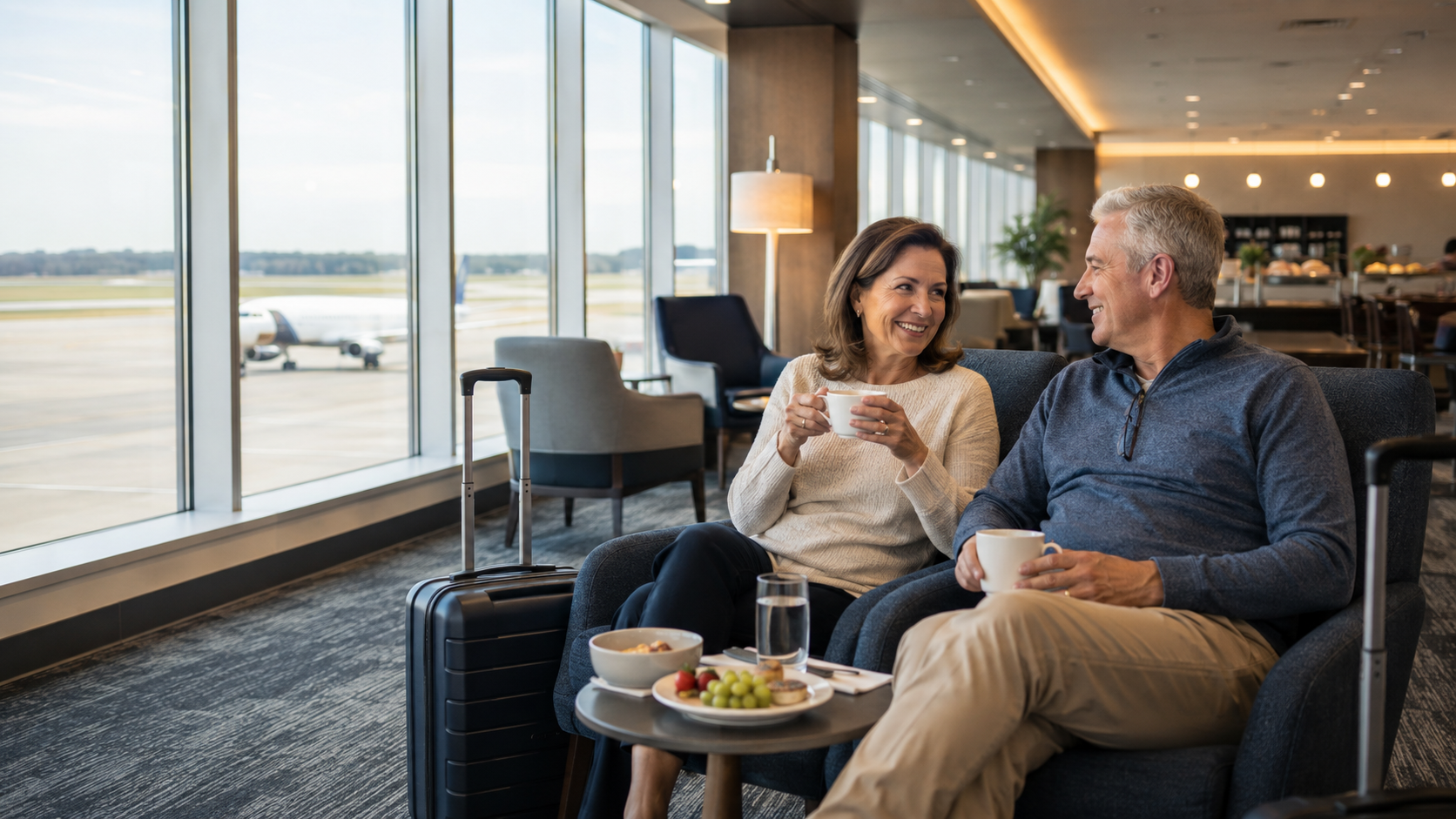 Mature couple enjoying food, coffee and comfortable seating in a non-airline airport lounge.