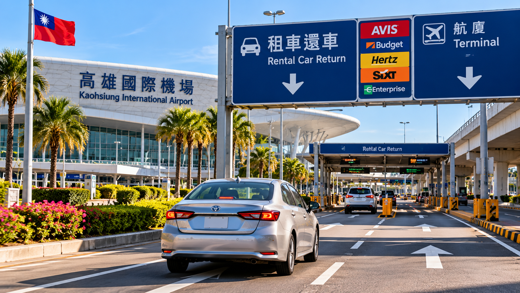Illustrative scene of a silver rental car approaching the rental car return area at Kaohsiung International Airport in Taiwan, with Chinese-language signage and right-side traffic.