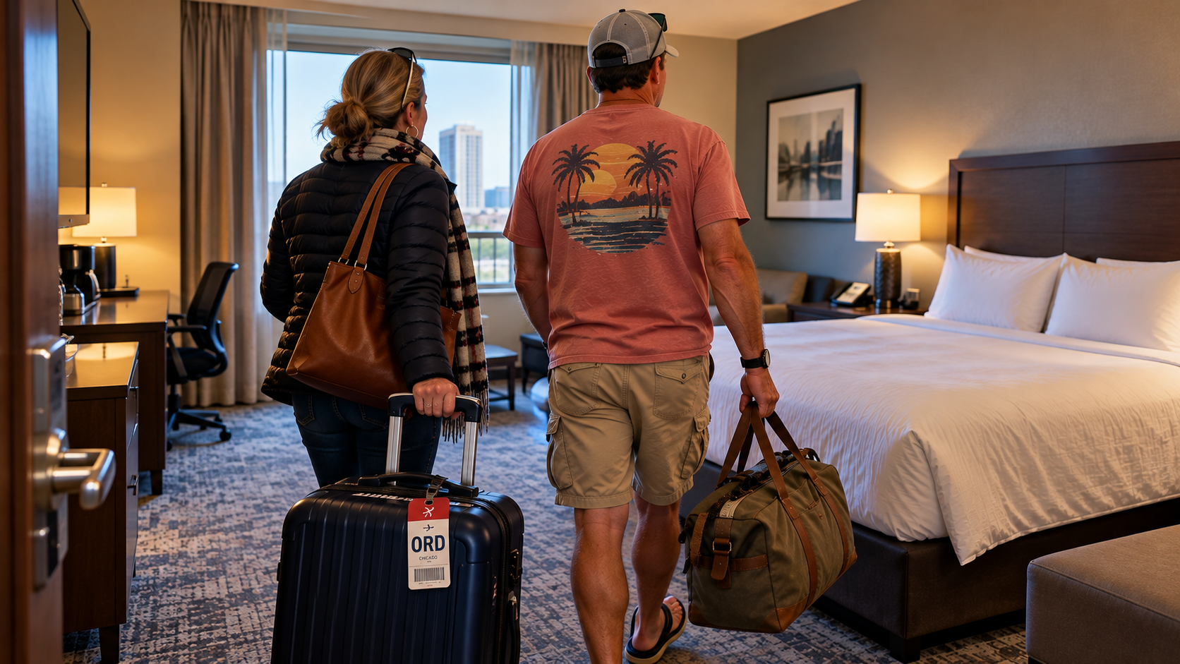 Two travelers with mismatched luggage enter a standard hotel room with one king bed after being told their two-bed reservation had been upgraded.