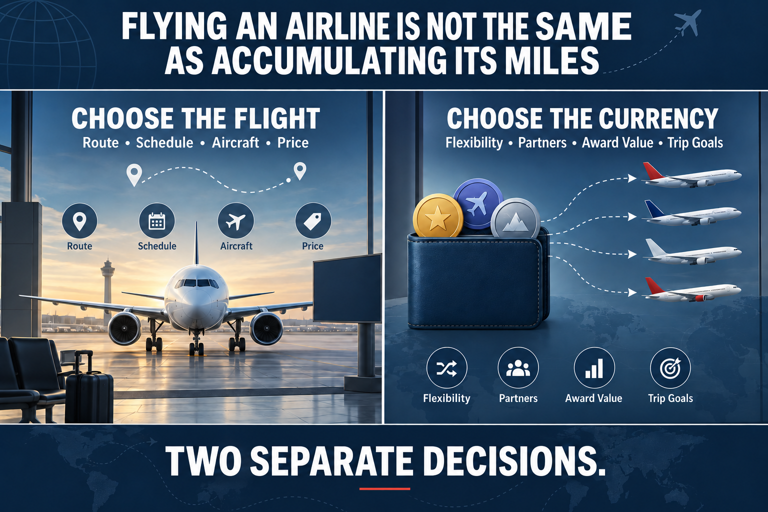 Travel-planning graphic separating the decision to choose a flight based on route, schedule, aircraft and price from the decision to accumulate a travel currency based on flexibility, partners, award value and trip goals.