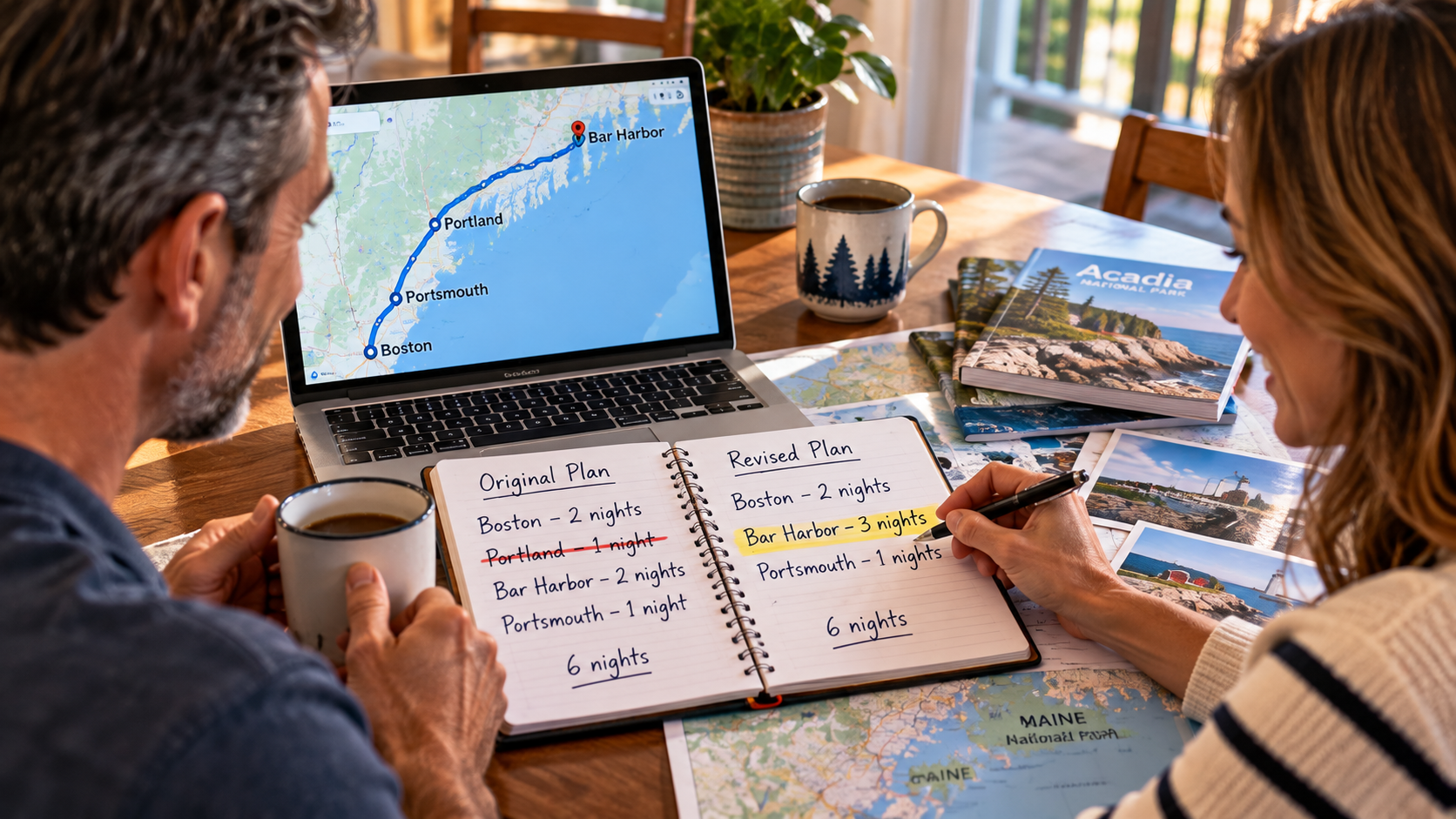 Couple reviewing a New England road trip itinerary and choosing fewer hotel changes and more time in Bar Harbor while keeping the same number of vacation nights.