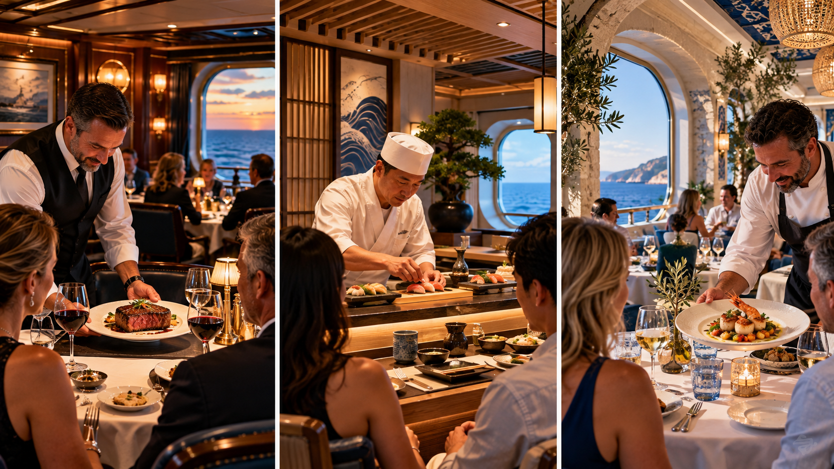 hree distinct cruise specialty restaurants featuring an elegant steakhouse with premium beef, a Japanese chef preparing sushi, and a Mediterranean restaurant serving a creative seafood dish.
