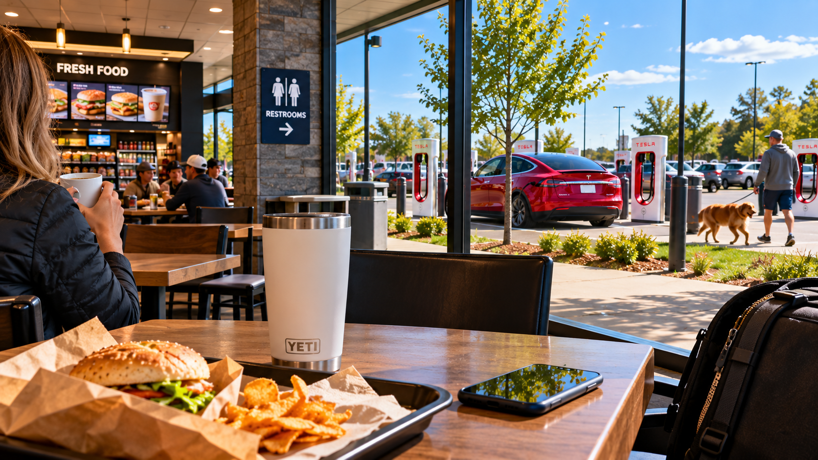 Travelers eating and having coffee inside a highway travel center while a red Tesla charges outside and a dog is walked near the charging area.