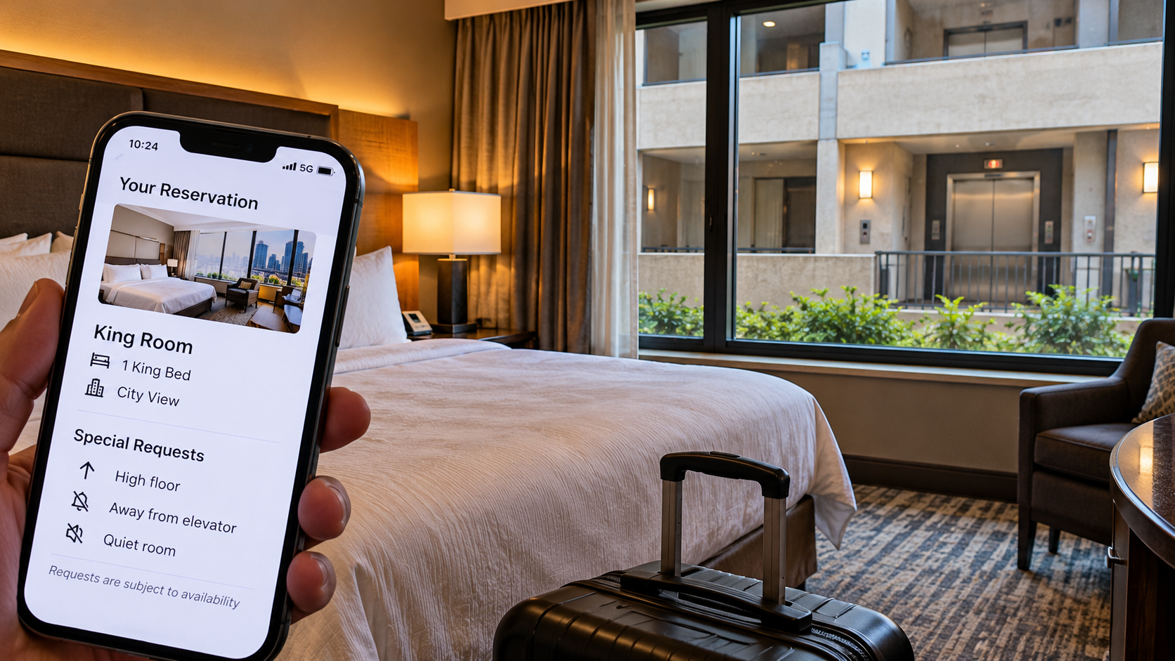 Hotel room reservation showing a confirmed King City View room along with requests for a high floor, quiet room and location away from the elevator that were not guaranteed.