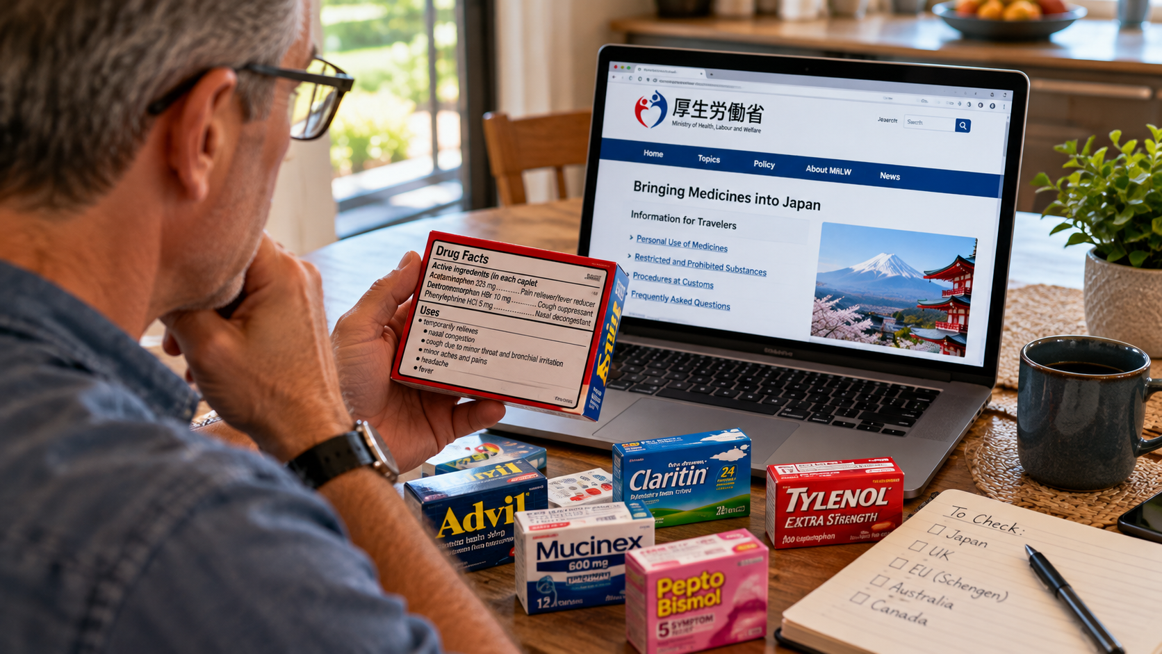 Traveler checking the active ingredients of an over-the-counter cold medication against Japanese government medication import guidance before traveling internationally.