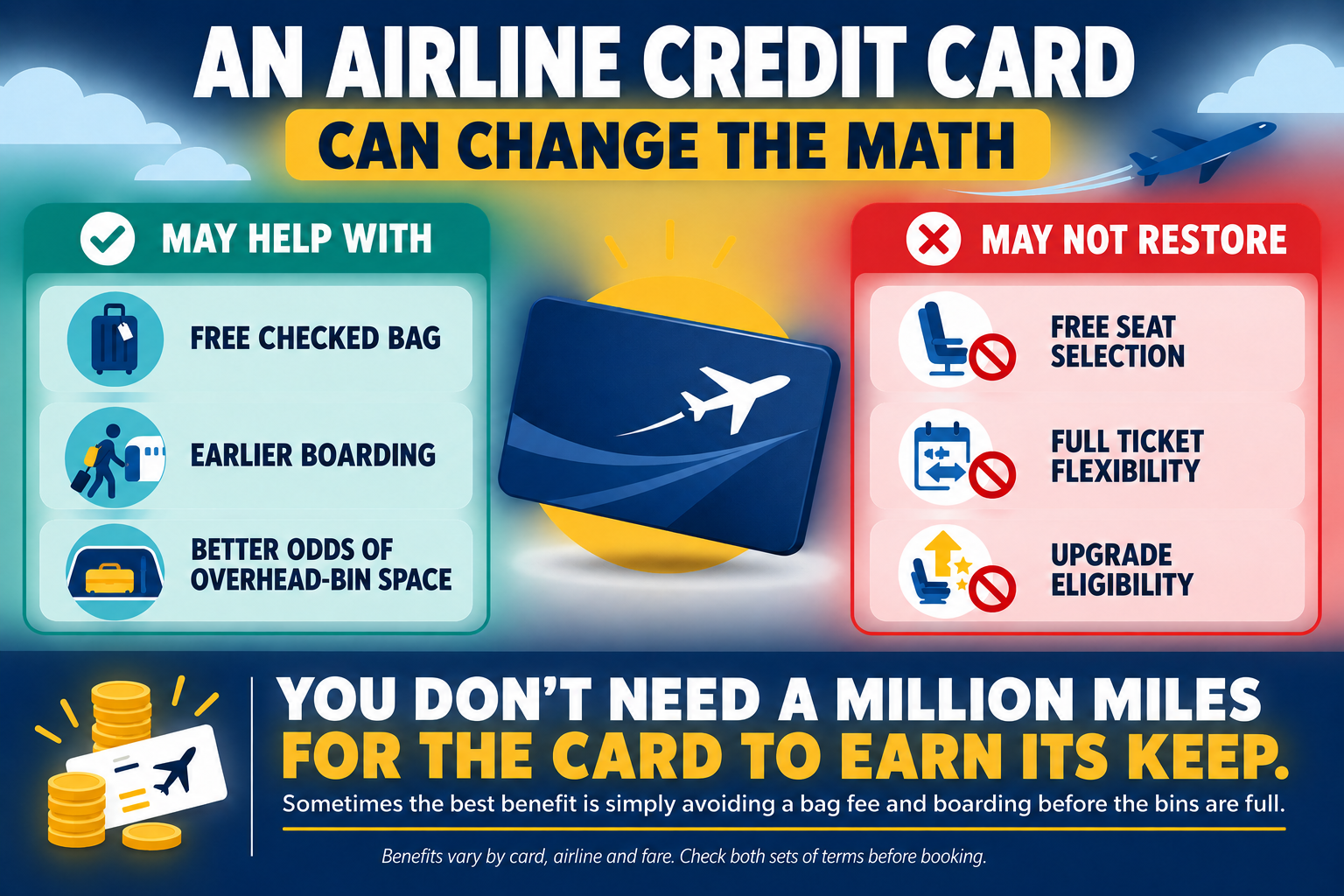 Airline credit card comparison showing that some cards may provide a free checked bag, earlier boarding and improved overhead-bin access but may not restore free seat selection, full ticket flexibility or upgrade eligibility.