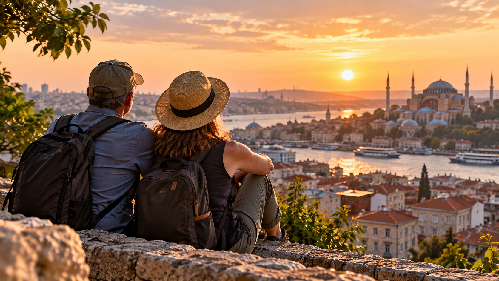 Couple overlooking Istanbul at sunset, representing travel built around meaningful destinations and experiences rather than simply finding the cheapest deal.