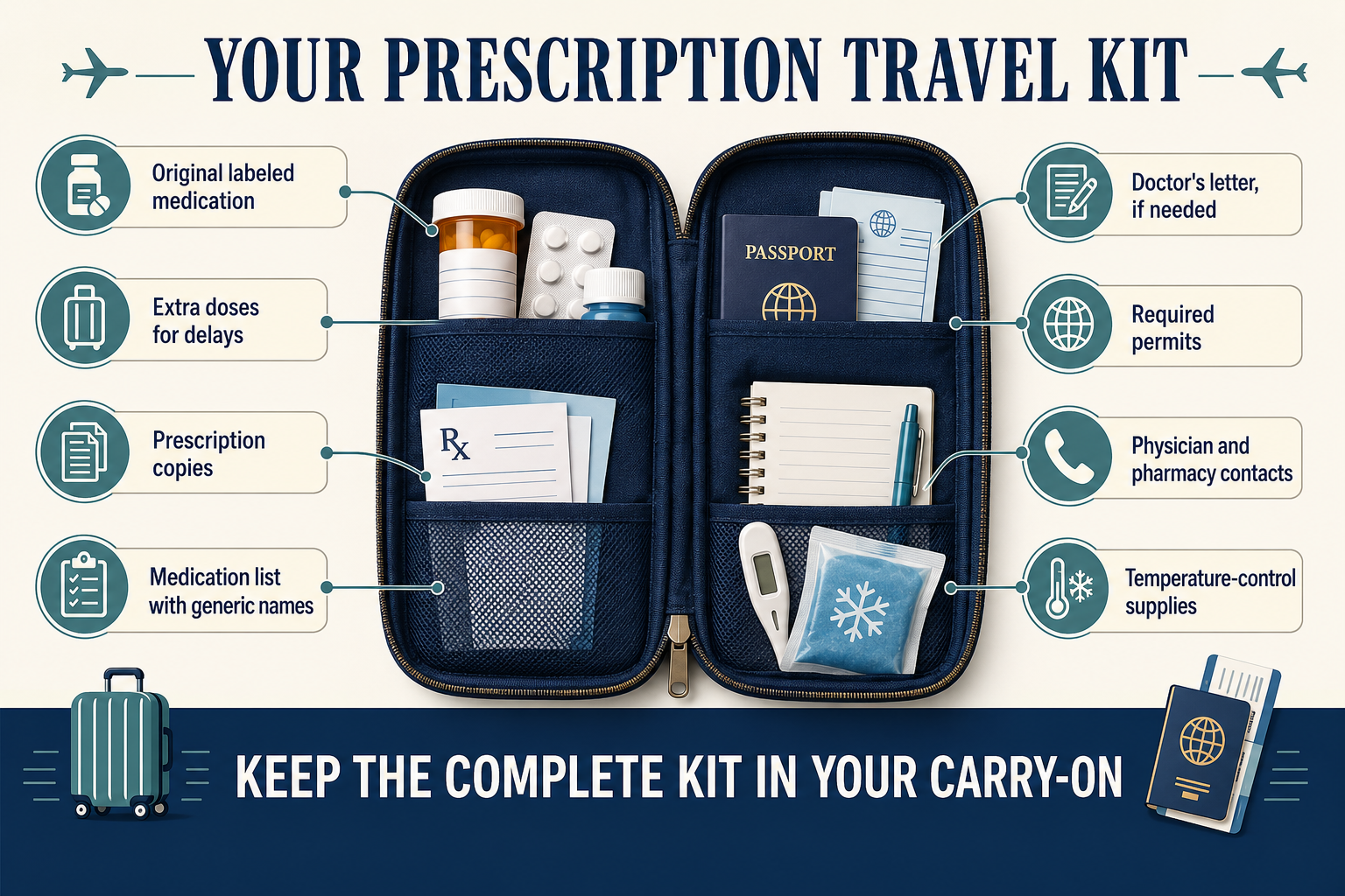 Prescription medications, documents, emergency contacts and temperature-control supplies organized in a travel pouch