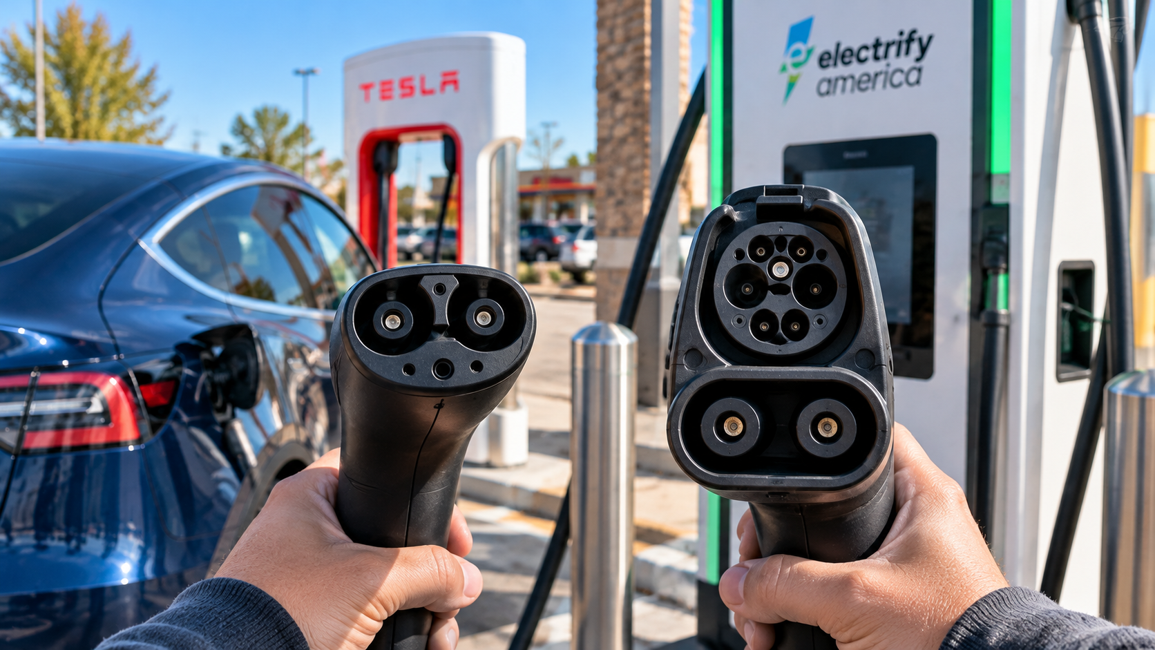 Side-by-side comparison of the smaller NACS charging connector and the larger CCS1 fast-charging connector.