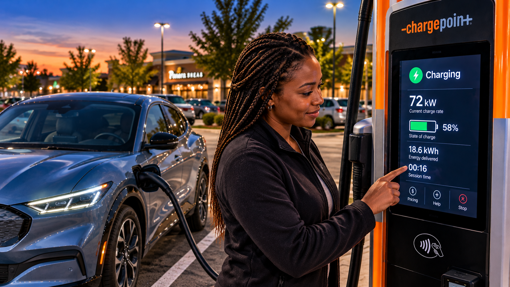 Woman confirming that a Ford Mustang Mach-E is actively charging at a ChargePoint station during an evening road-trip stop.