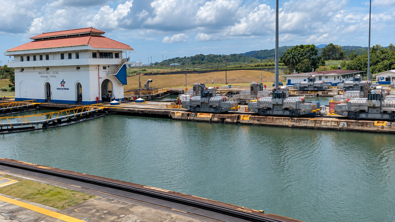 View from the Miraflores Locks observation area showing Panama Canal lock chambers, tracks and canal equipment.