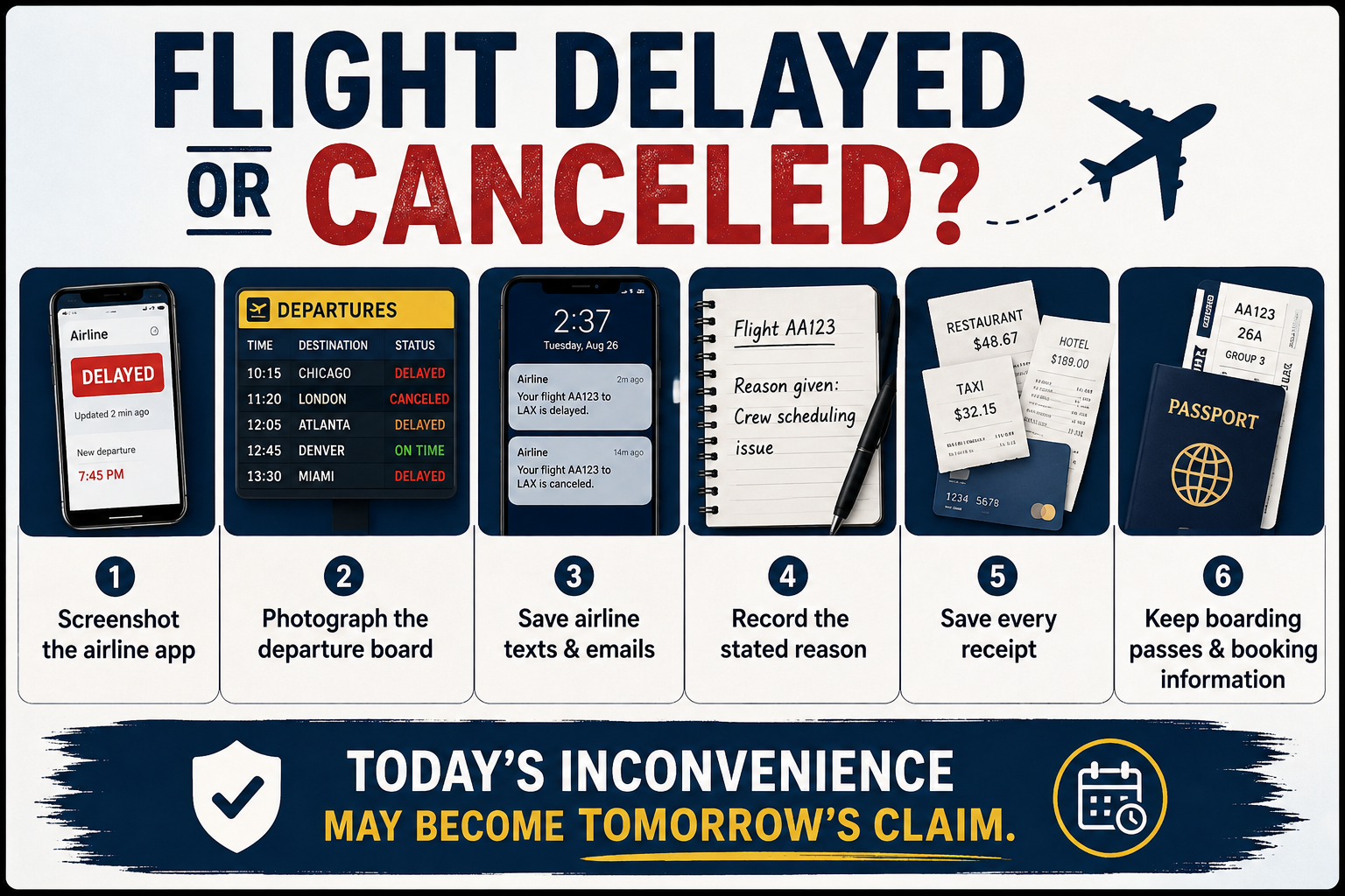 Checklist for documenting a delayed or canceled flight, including screenshots, departure boards, airline messages, receipts and boarding passes.