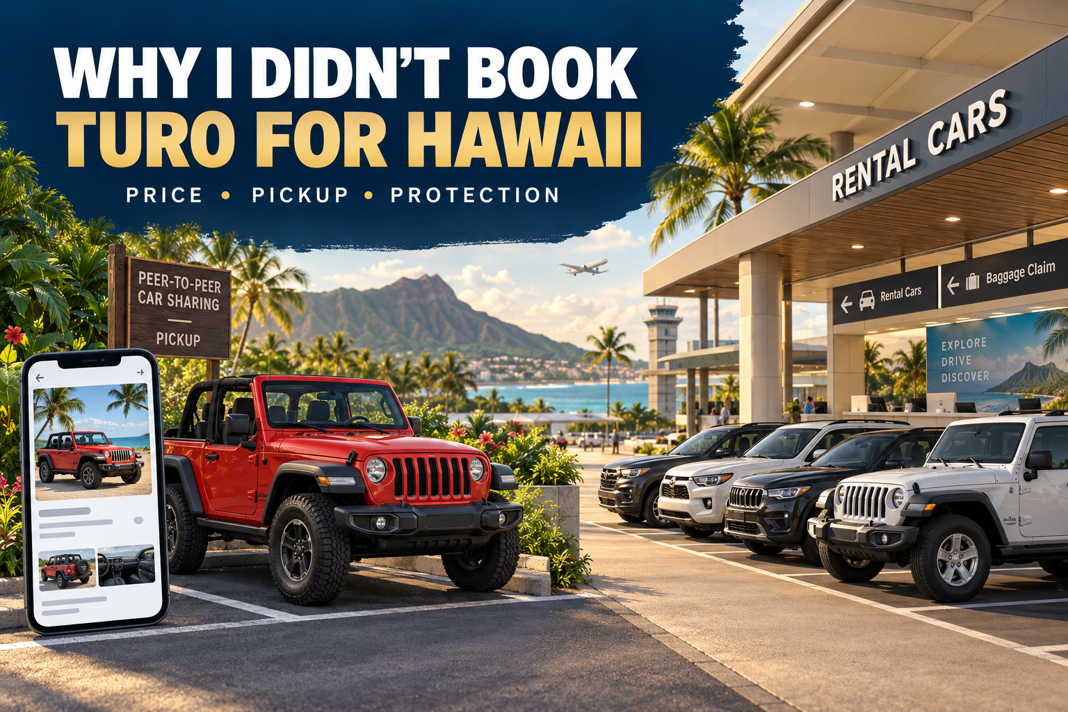 Red peer-to-peer rental Jeep compared with a traditional rental-car fleet at a Hawaiian airport, illustrating a decision based on price, pickup and protection.