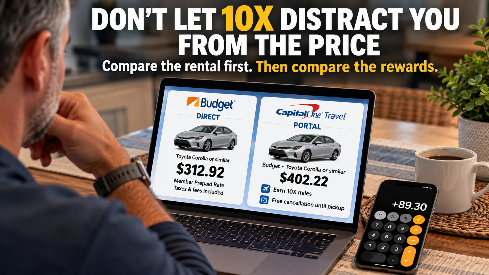 Rental car shopper comparing a $312.92 direct Budget rental with a $402.22 Capital One Travel rental and calculating the $89.30 price difference.